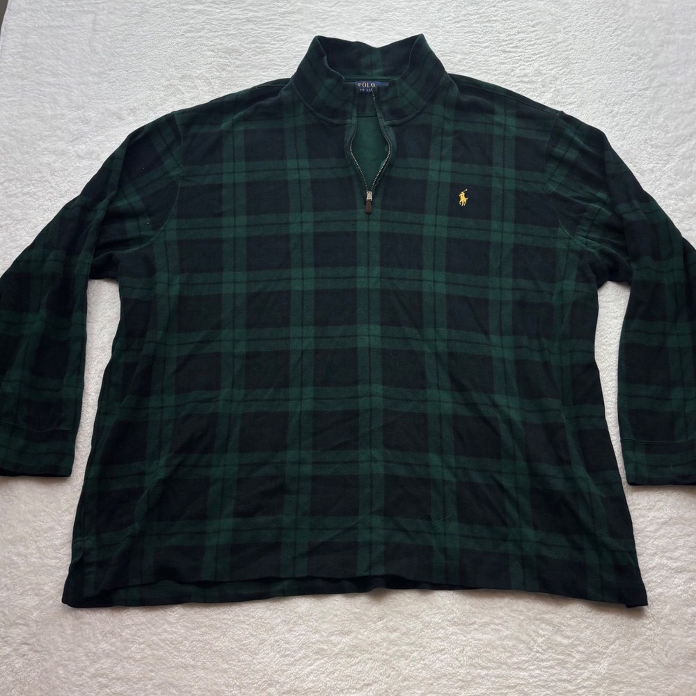 Polo Ralph Lauren Mens 4XB 4TG Black Watch Plaid Quarter Zip Pullover Green Navy